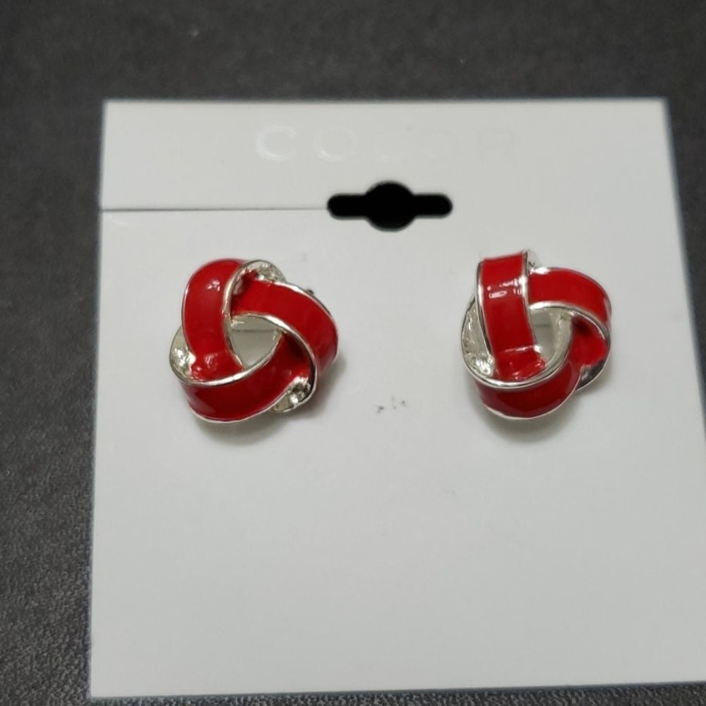 Silver tone red enamel knot earrings